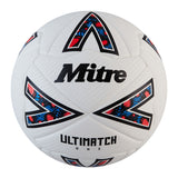 The Mitre Ultimatch One Football by Mitre is a white/black/red match ball with bold graphic patterns and the Mitre logo, featuring Hyperseal construction and FIFA Basic approval for reliable play.