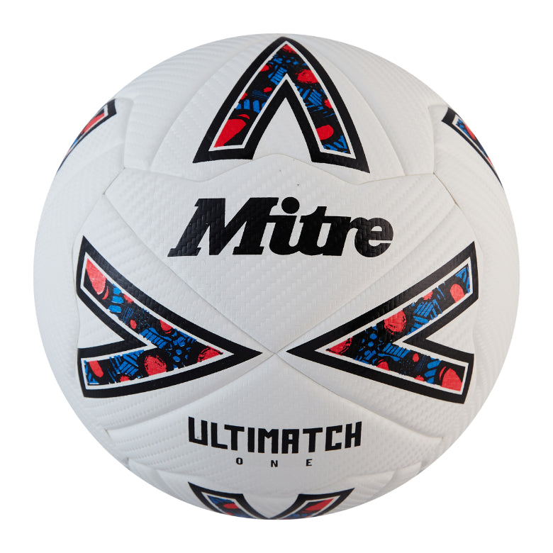 The Mitre Ultimatch One Football by Mitre is a white/black/red match ball with bold graphic patterns and the Mitre logo, featuring Hyperseal construction and FIFA Basic approval for reliable play.