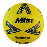 The Mitre Ultimatch One Football by Mitre, shown in yellow with black and grey graphics and bold black lettering, offers reliable match ball performance and is displayed against a white background.