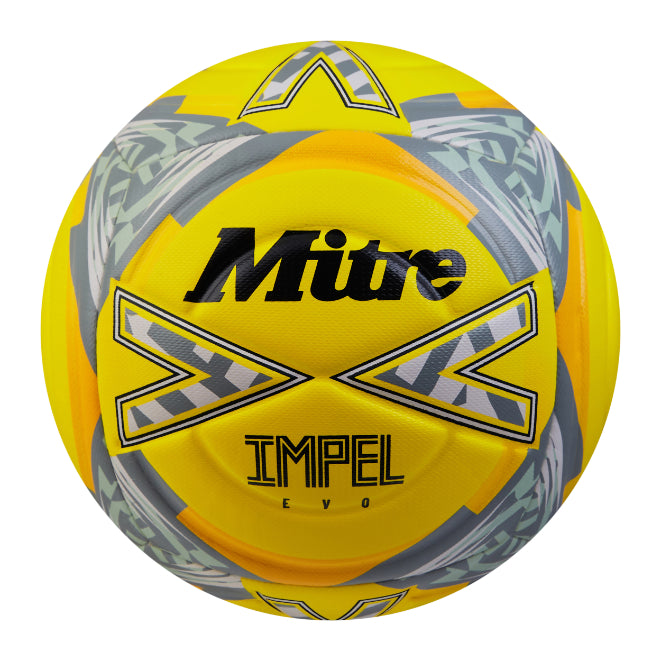 The Mitre Impel Evo Football by Mitre features a yellow, black, and grey design with geometric patterns and branding, shown on a white background.
