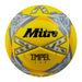 The Mitre Impel Evo Football by Mitre features a yellow, black, and grey design with geometric patterns and branding, shown on a white background.