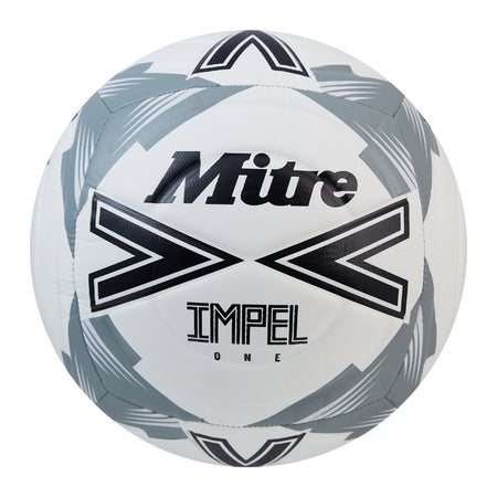 The Mitre Impel One Football by Mitre is a durable white training ball with black and gray geometric patterns, designed to deliver cushioned control for practice sessions.