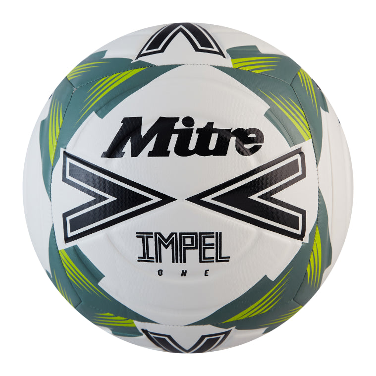 The Mitre Impel One Football by Mitre is a white training ball with bold black and green geometric designs and the Mitre logo, crafted for cushioned control and lasting durability.