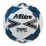 The Mitre Impel One Football by Mitre is a durable white ball with bold black and blue geometric patterns, prominently branded and designed for cushioned control—perfect for training sessions.