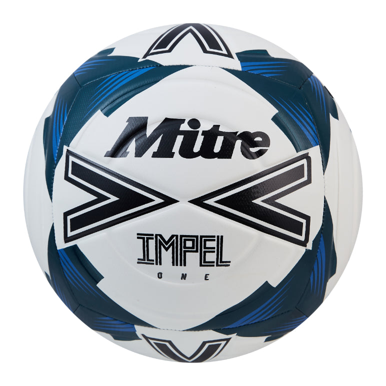 The Mitre Impel One Football by Mitre is a durable white ball with bold black and blue geometric patterns, prominently branded and designed for cushioned control—perfect for training sessions.
