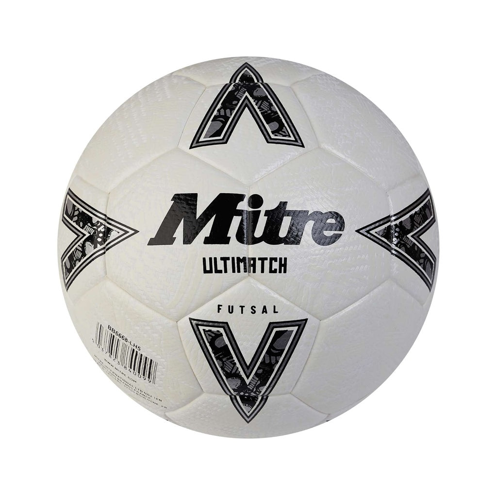 The Mitre Ultimatch Futsal 2024, a white indoor soccer ball featuring black geometric patterns and the Mitre logo, is shown against a plain white background.