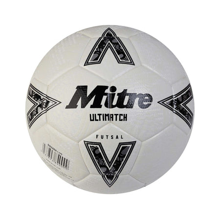 The Mitre Ultimatch Futsal 2024, a white indoor soccer ball featuring black geometric patterns and the Mitre logo, is shown against a plain white background.