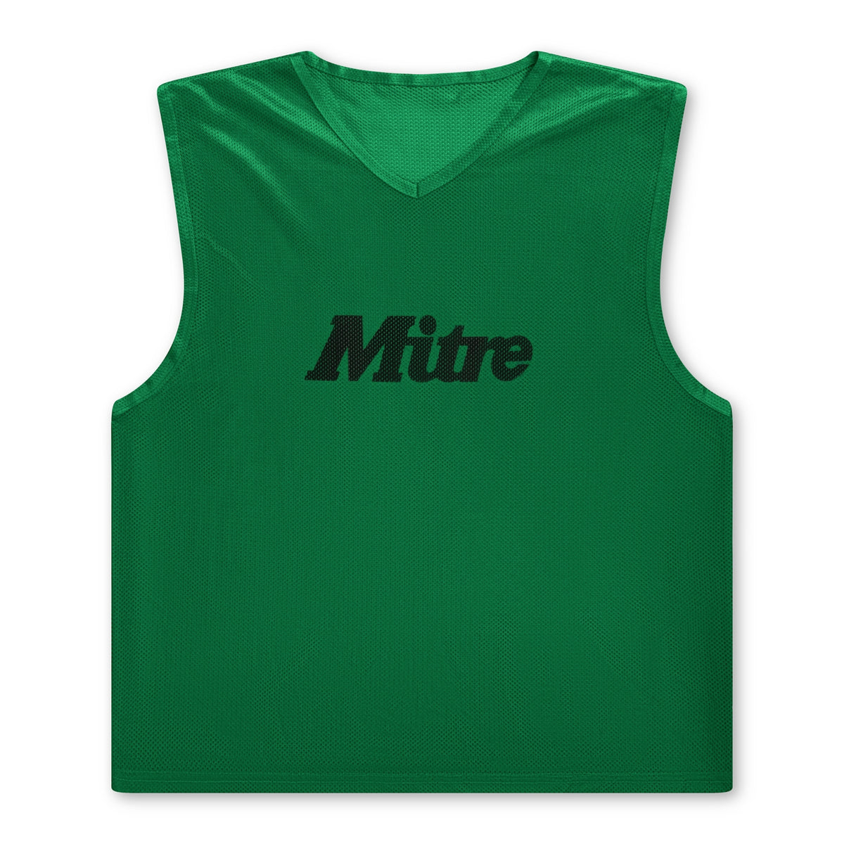 The Mitre Pro Training Bib in dark green features a sleeveless V-neck design with Hyperflow grooves for breathability and soft touch foam for comfort. "Mitre" is printed in black across the chest, ideal for lightweight football training.
