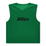 The Mitre Pro Training Bib in dark green features a sleeveless V-neck design with Hyperflow grooves for breathability and soft touch foam for comfort. "Mitre" is printed in black across the chest, ideal for lightweight football training.