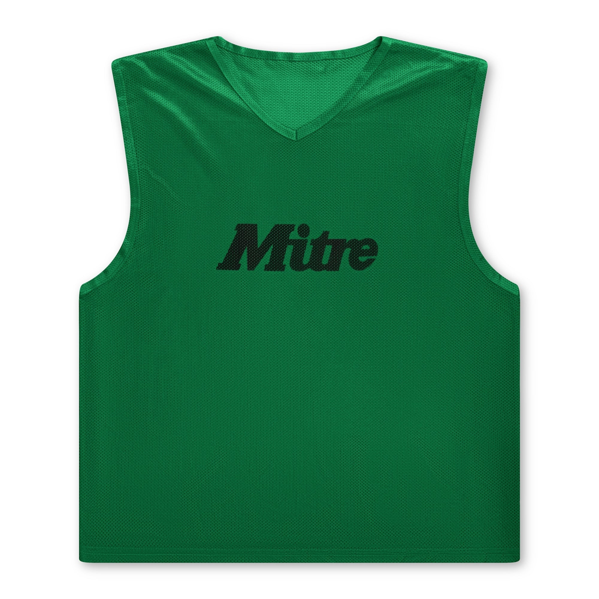 The Mitre Pro Training Bib in dark green features a sleeveless V-neck design with Hyperflow grooves for breathability and soft touch foam for comfort. "Mitre" is printed in black across the chest, ideal for lightweight football training.