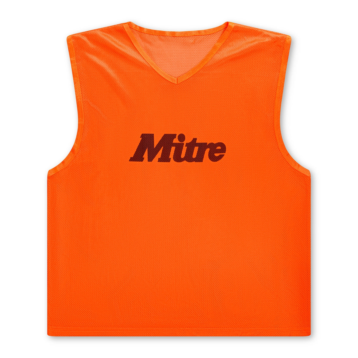 The Mitre Pro Training Bib in bright orange features a sleeveless design and V-neck, made for lightweight football training. "Mitre" is printed in black on the front.