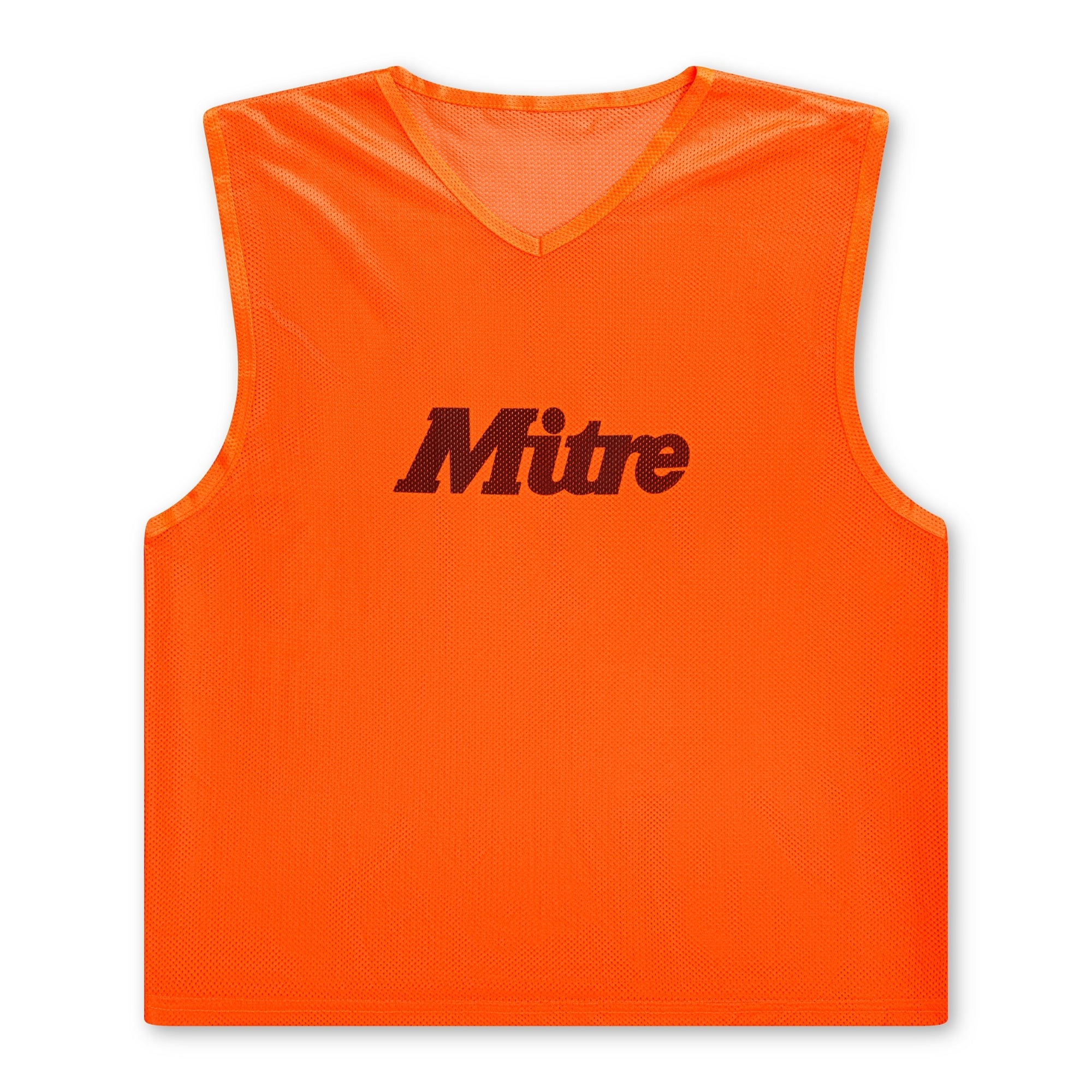 The Mitre Pro Training Bib in bright orange features a sleeveless design and V-neck, made for lightweight football training. "Mitre" is printed in black on the front.