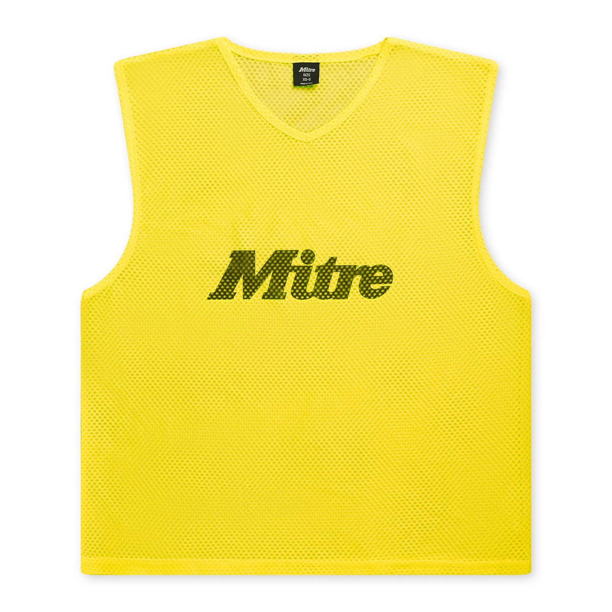 The Mitre Pro Training Bib by Mitre is a yellow, sleeveless bib with a mesh texture and black logo print—perfect for training sessions, lightweight football play, or soft touch foam drills.