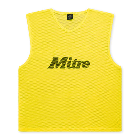 The Mitre Pro Training Bib by Mitre is a yellow, sleeveless bib with a mesh texture and black logo print—perfect for training sessions, lightweight football play, or soft touch foam drills.