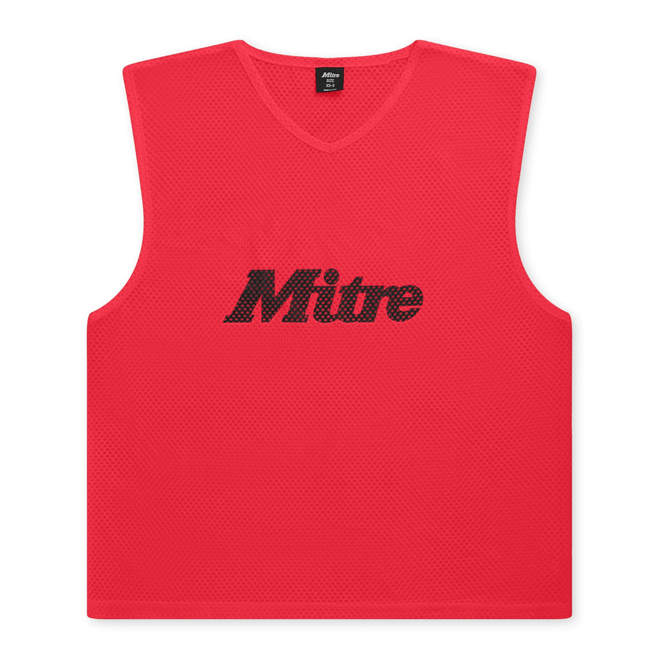 The Mitre Pro Training Bib is a red, sleeveless mesh sports bib with "Mitre" in black across the chest—ideal for lightweight football drills or matches.