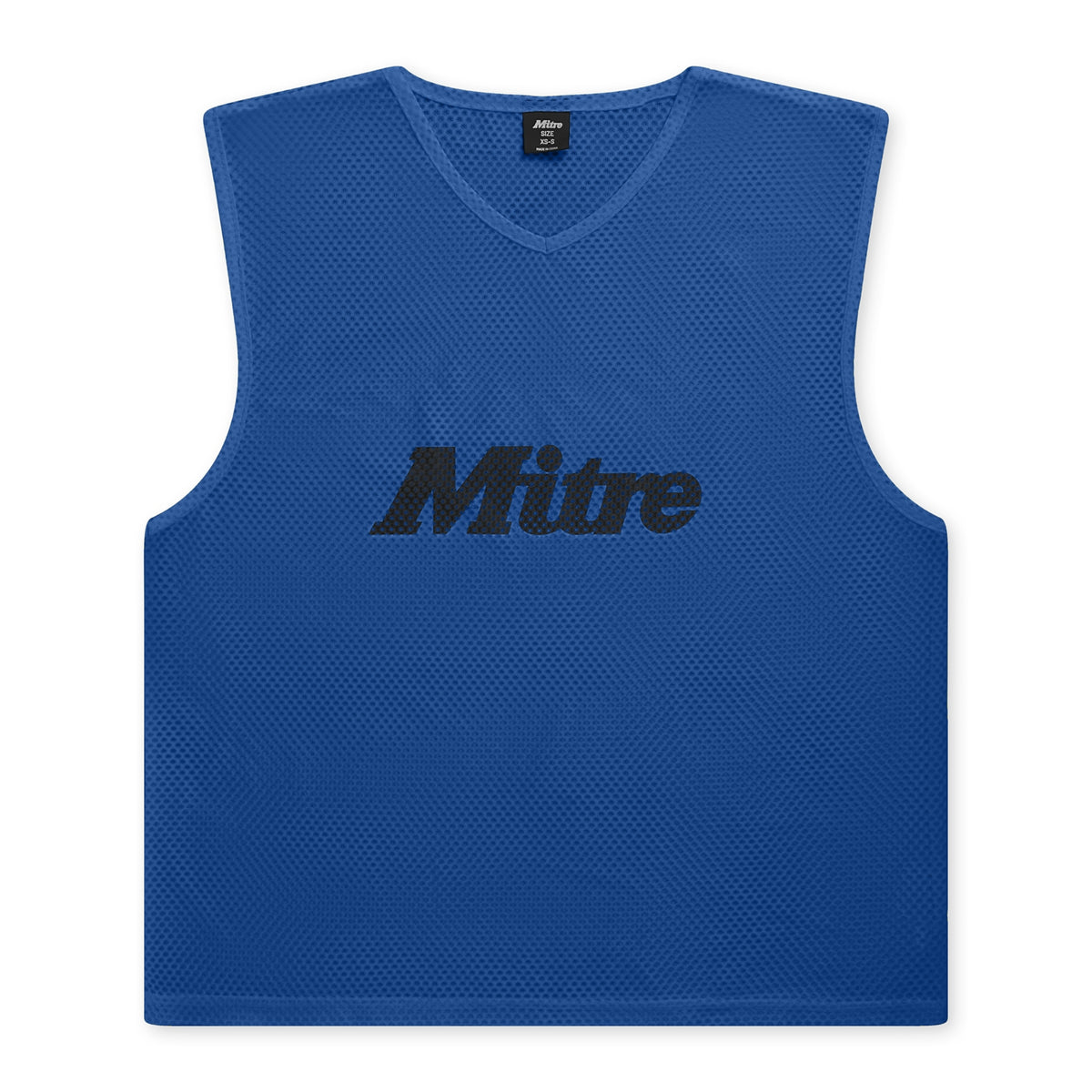 The Mitre Pro Training Bib is a sleeveless blue mesh sports bib featuring the bold black Mitre logo on the front, perfect for comfortable and stylish lightweight football sessions.