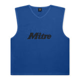 The Mitre Pro Training Bib is a sleeveless blue mesh sports bib featuring the bold black Mitre logo on the front, perfect for comfortable and stylish lightweight football sessions.