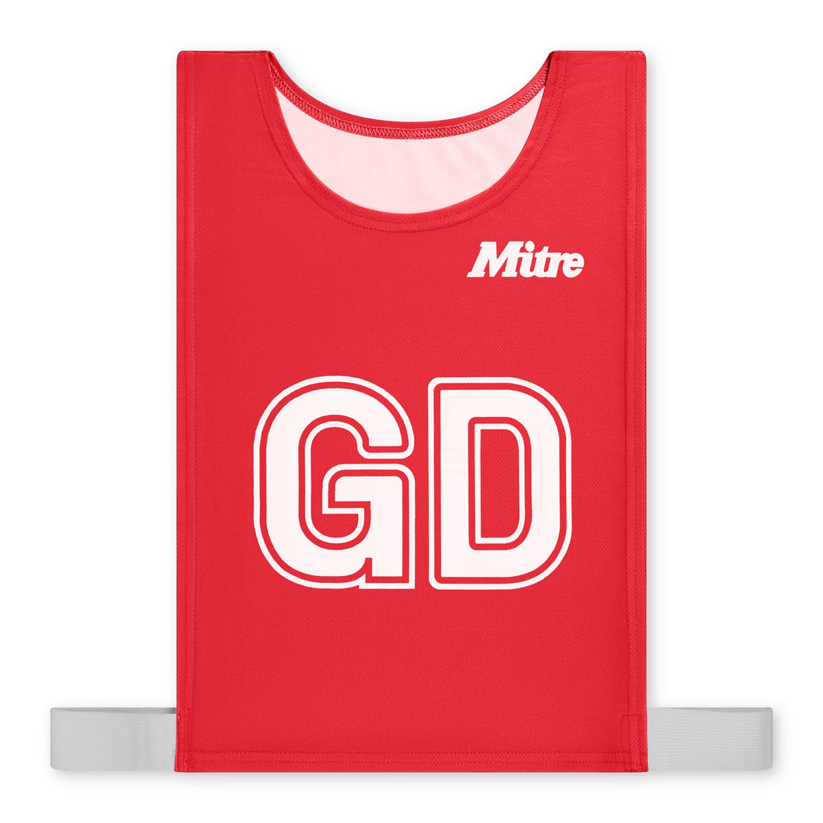 The Mitre Pro Netball Bib set features red adult-sized bibs made from durable polyester micro mesh, with large white "GD" letters, white trim, gray elastic side straps, and the Mitre brand name on the front.