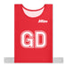 The Mitre Pro Netball Bib set features red adult-sized bibs made from durable polyester micro mesh, with large white "GD" letters, white trim, gray elastic side straps, and the Mitre brand name on the front.