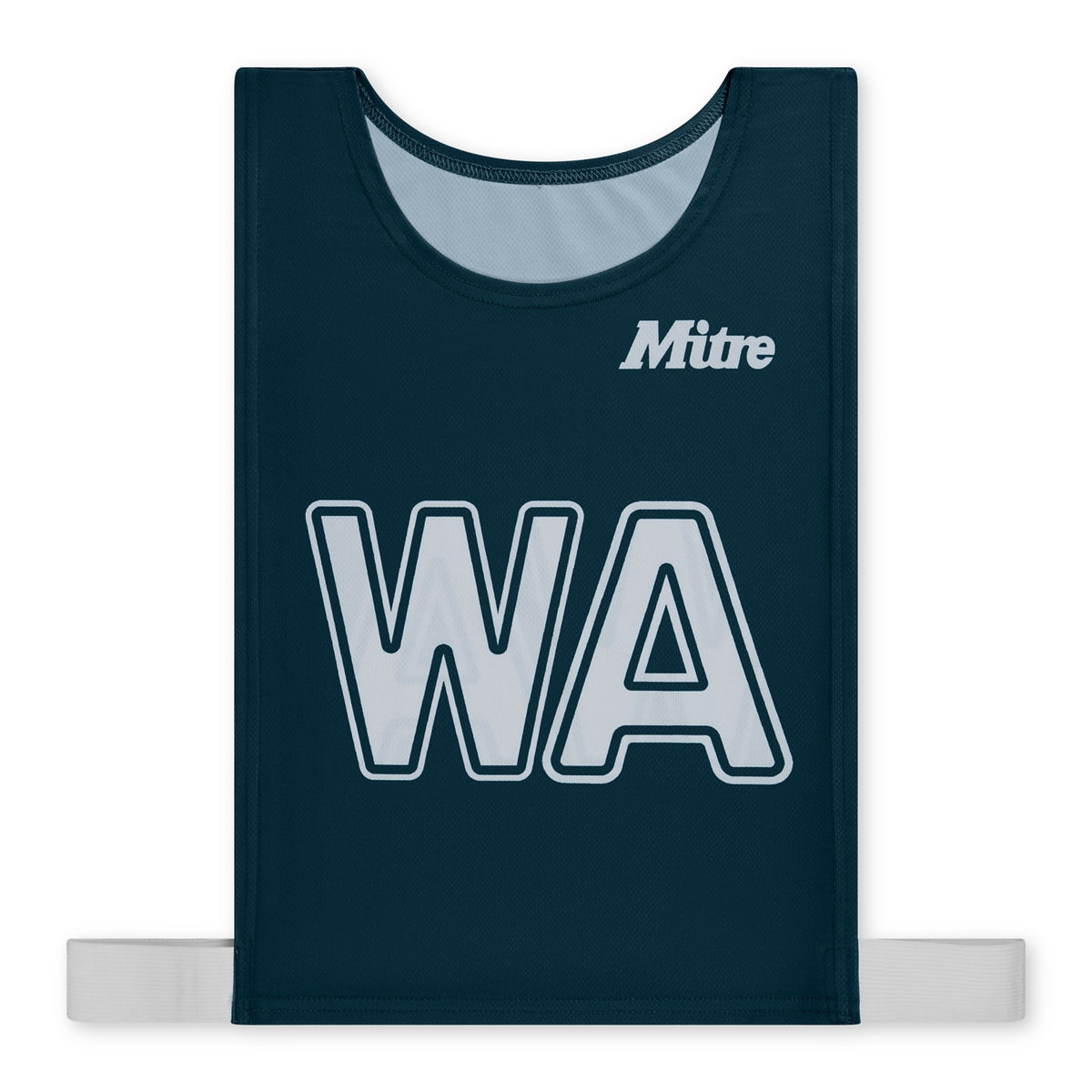 The Mitre Pro Netball Bib set features adult-sized navy bibs made from polyester micro mesh, with "WA" in white and the Mitre logo on the chest. Two white side straps extend from the bottom edges for a secure fit.