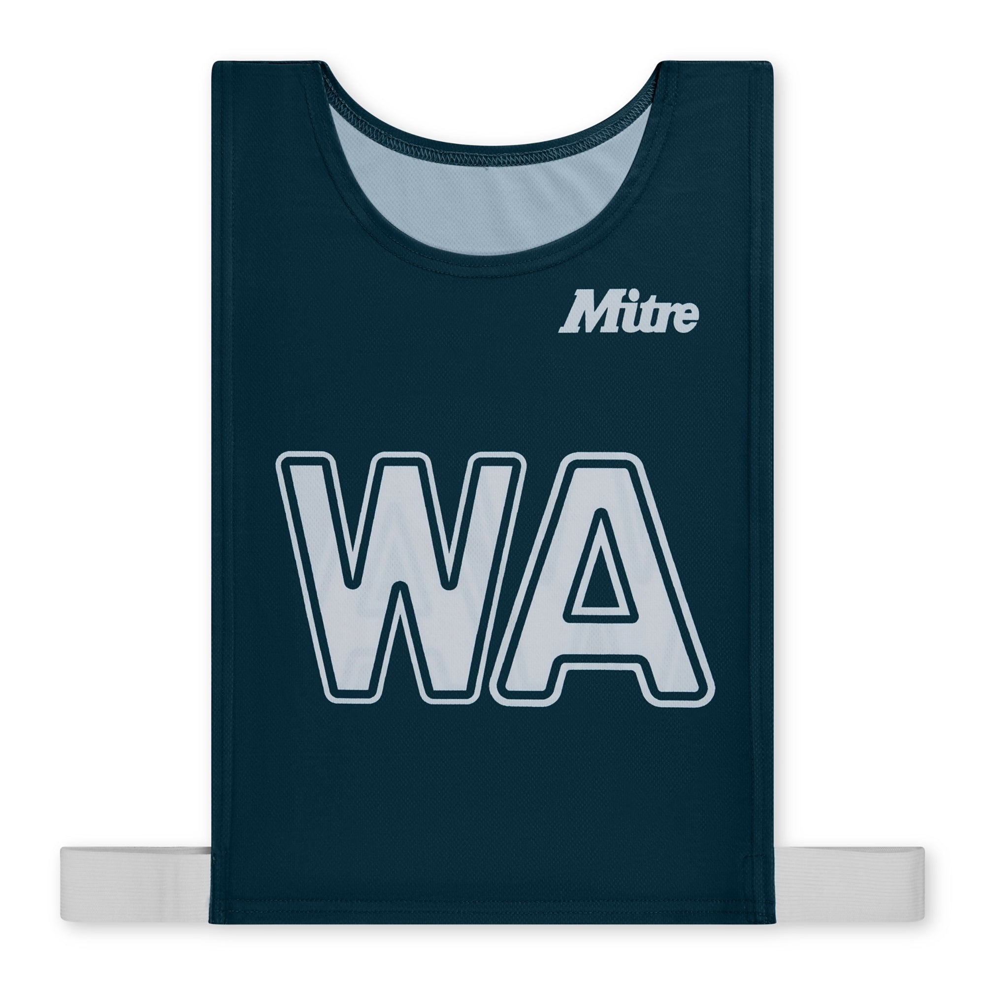 The Mitre Pro Netball Bib set features adult-sized navy bibs made from polyester micro mesh, with "WA" in white and the Mitre logo on the chest. Two white side straps extend from the bottom edges for a secure fit.