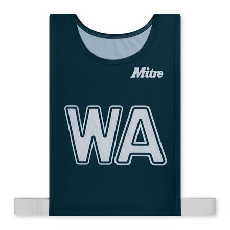 The Mitre Pro Netball Bib set features adult-sized navy bibs made from polyester micro mesh, with "WA" in white and the Mitre logo on the chest. Two white side straps extend from the bottom edges for a secure fit.