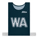The Mitre Pro Netball Bib set features adult-sized navy bibs made from polyester micro mesh, with "WA" in white and the Mitre logo on the chest. Two white side straps extend from the bottom edges for a secure fit.