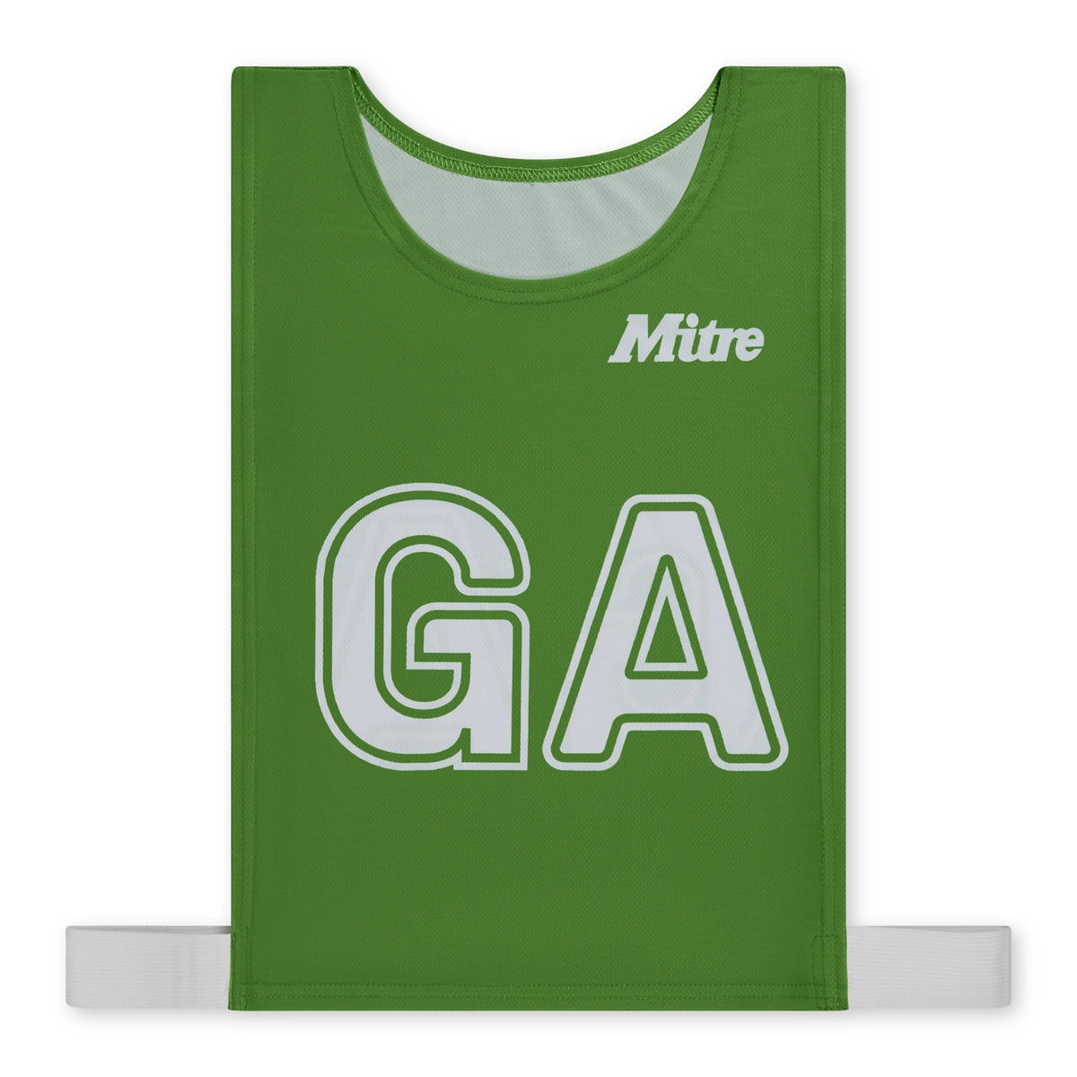 The Mitre Pro Netball Bib set features a green polyester micro mesh bib with bold white "GA" lettering and the Mitre brand name above. Adjustable side straps ensure a secure fit for adults, making it ideal for netball teams.