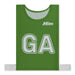The Mitre Pro Netball Bib set features a green polyester micro mesh bib with bold white "GA" lettering and the Mitre brand name above. Adjustable side straps ensure a secure fit for adults, making it ideal for netball teams.