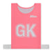 The Mitre Pro Netball Bib set features pink polyester micro mesh with white trim, large white GK letters, the Mitre logo on the top right, and a horizontal white strap at the bottom. Adult size. Brand: Mitre. Color: Pink.