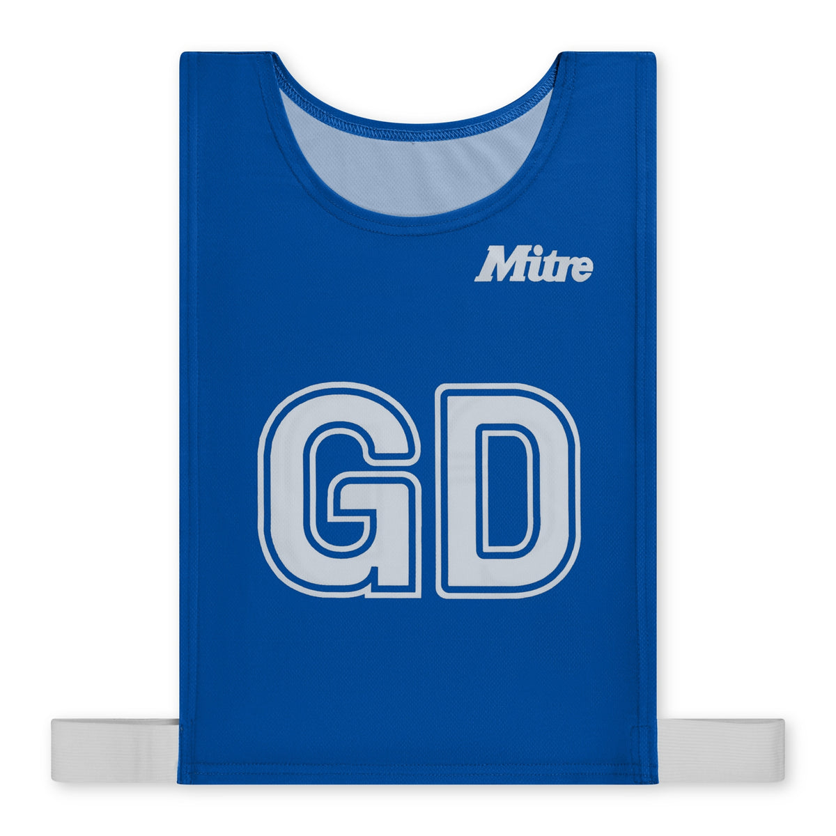 The Mitre Pro Netball Bib set features royal blue adult-sized polyester micro mesh bibs with large white GD lettering, the Mitre logo on the top right, and white side straps—perfect for netball teams.