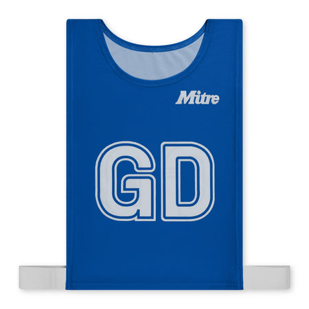 The Mitre Pro Netball Bib set features royal blue adult-sized polyester micro mesh bibs with large white GD lettering, the Mitre logo on the top right, and white side straps—perfect for netball teams.