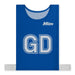 The Mitre Pro Netball Bib set features royal blue adult-sized polyester micro mesh bibs with large white GD lettering, the Mitre logo on the top right, and white side straps—perfect for netball teams.