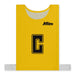 The Mitre Pro Netball Bib set features yellow bibs made from durable polyester micro mesh with a large black "C" outlined in yellow at the center, the "Mitre" brand name in black at the top right, and white elastic straps at the bottom.
