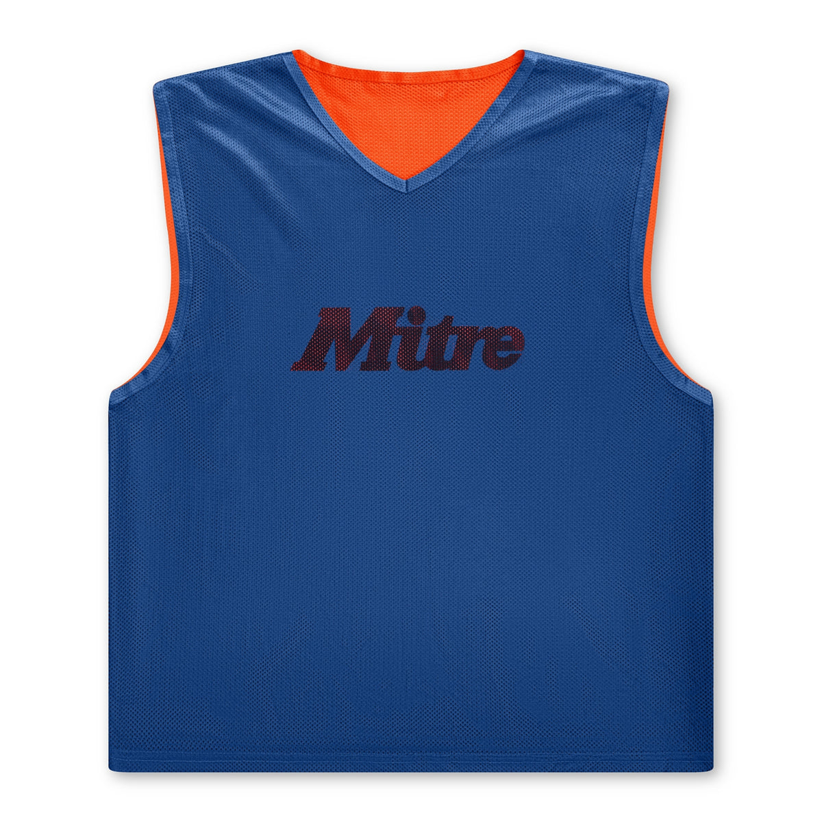 The Mitre Reversible Training Bib by Mitre is sleeveless and blue with a V-neck, black Mitre logo on the front, bright orange edges and inner lining, shown laid flat on a white background.