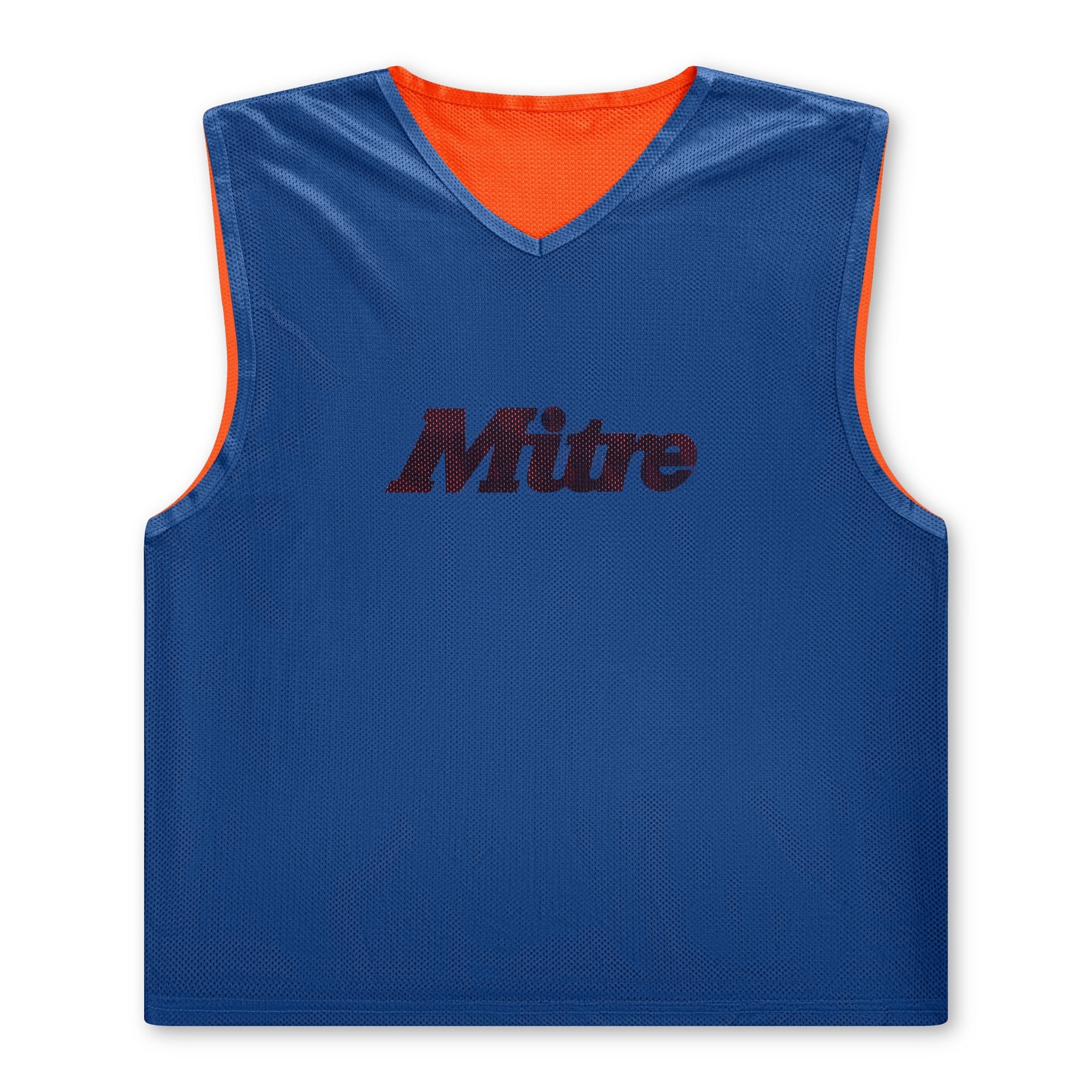 The Mitre Reversible Training Bib by Mitre is sleeveless and blue with a V-neck, black Mitre logo on the front, bright orange edges and inner lining, shown laid flat on a white background.