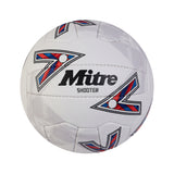 The Mitre Shooter Netball features a white surface with black, red, and blue geometric patterns plus the Mitre logo—perfect for players seeking durable, match-level performance.