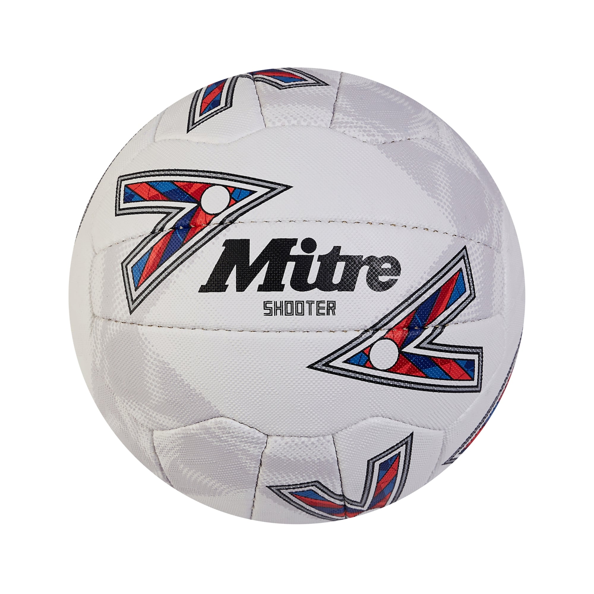 The Mitre Shooter Netball features a white surface with black, red, and blue geometric patterns plus the Mitre logo—perfect for players seeking durable, match-level performance.