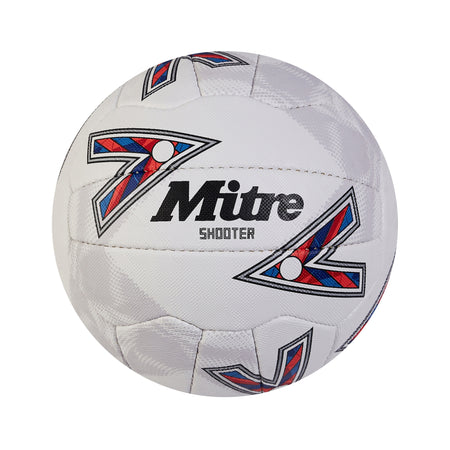 The Mitre Shooter Netball features a white surface with black, red, and blue geometric patterns plus the Mitre logo—perfect for players seeking durable, match-level performance.