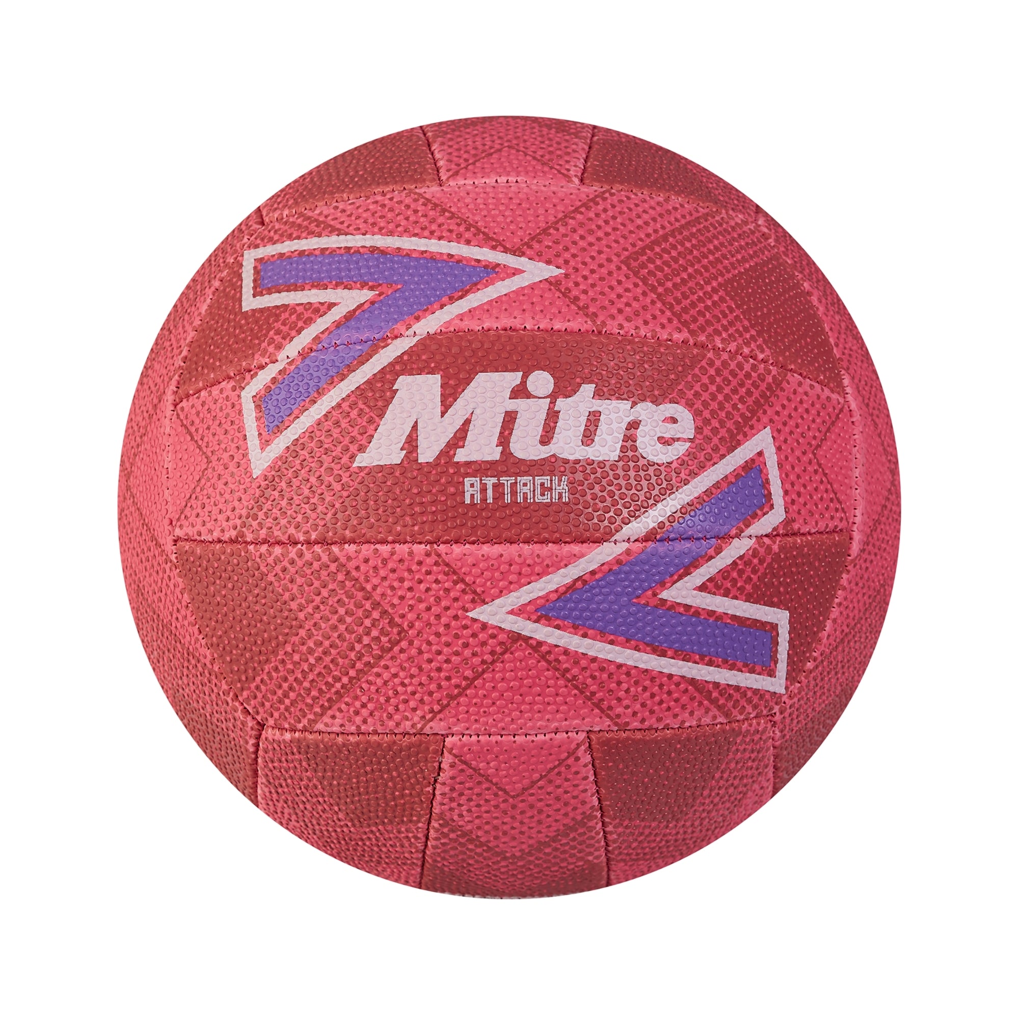A pink Mitre Attack Training Netball by Mitre, featuring a textured grip and bold design accents, with the brand logo visible on the front and photographed against a white background.
