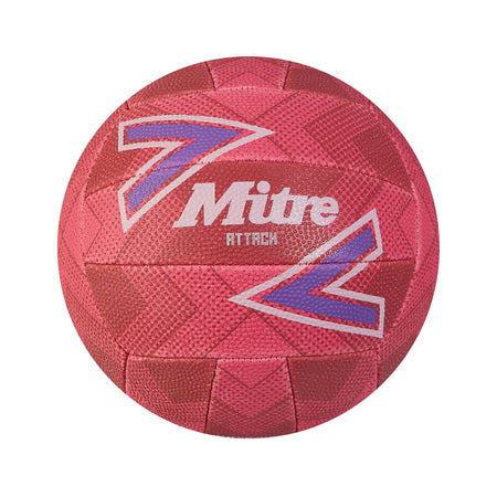 A pink Mitre Attack Training Netball by Mitre, featuring a textured grip and bold design accents, with the brand logo visible on the front and photographed against a white background.