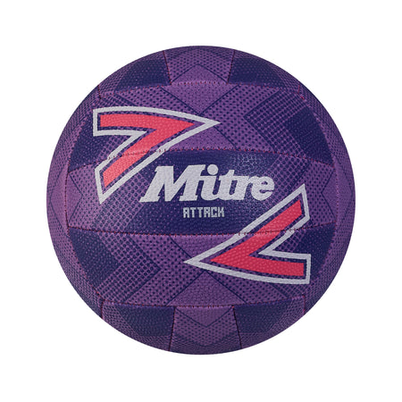 The Mitre Attack Training Netball by Mitre is a purple ball with geometric patterns and red and white arrow designs. It features a grippy surface for better handling, shown on a white background.
