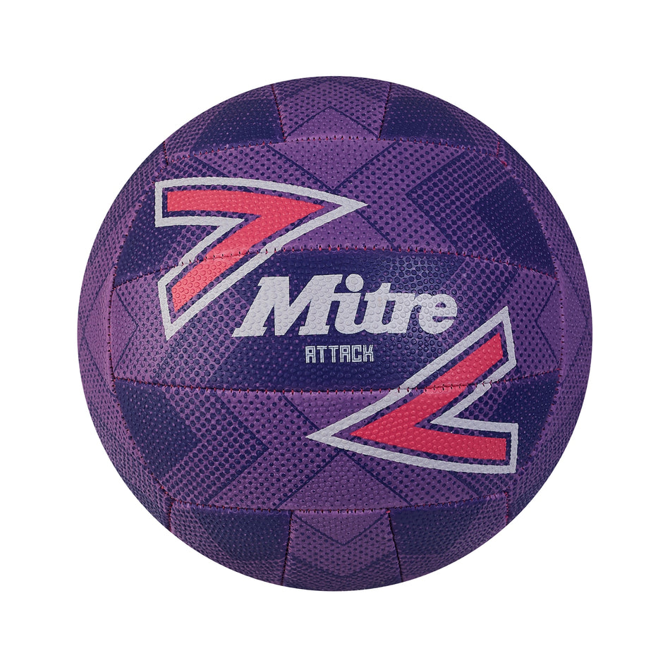 The Mitre Attack Training Netball by Mitre is a purple ball with geometric patterns and red and white arrow designs. It features a grippy surface for better handling, shown on a white background.