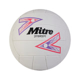 The Mitre Intercept Netball by Mitre is a white training ball with pink, purple, and red geometric designs and a textured, soft-feel surface, displayed on a plain white background.