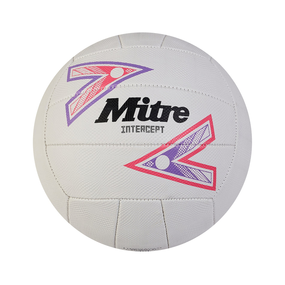 The Mitre Intercept Netball by Mitre is a white training ball with pink, purple, and red geometric designs and a textured, soft-feel surface, displayed on a plain white background.