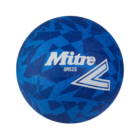 The Mitre Oasis Training Netball is a budget-friendly blue ball from Mitre, designed for training and featuring eye-catching geometric patterns with bold branding—ideal for practice sessions.