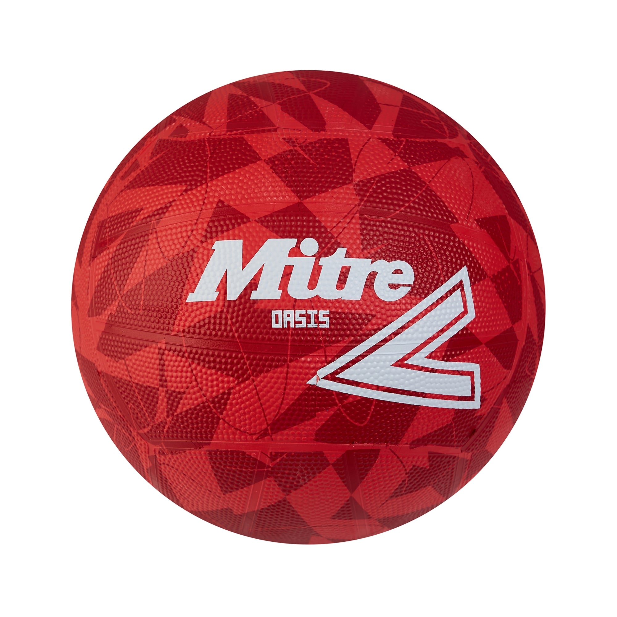 The Mitre Oasis Training Netball, in red with white branding, offers durability and is ideal for training. Its budget-friendly design features a geometric pattern and is shown against a white background.