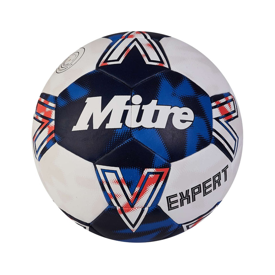 The Mitre Expert Handball 2024, by Mitre, is a size 5 ball with a blue, black, and white geometric design and bold panel text. Made from vulcanised soft rubber, it’s perfect for both practice sessions and training drills.