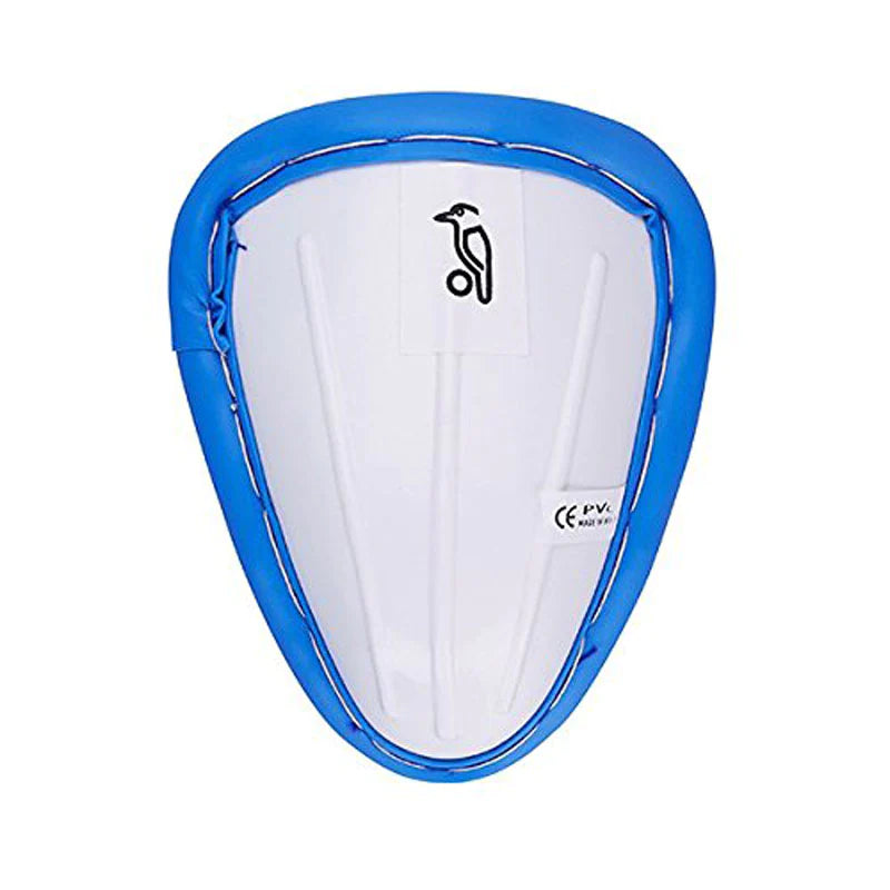 The Kookaburra 500 Abdo Guard is a white athletic cup by Kookaburra with Grade 3 protection, a blue padded border, and a black penguin logo at the top center.