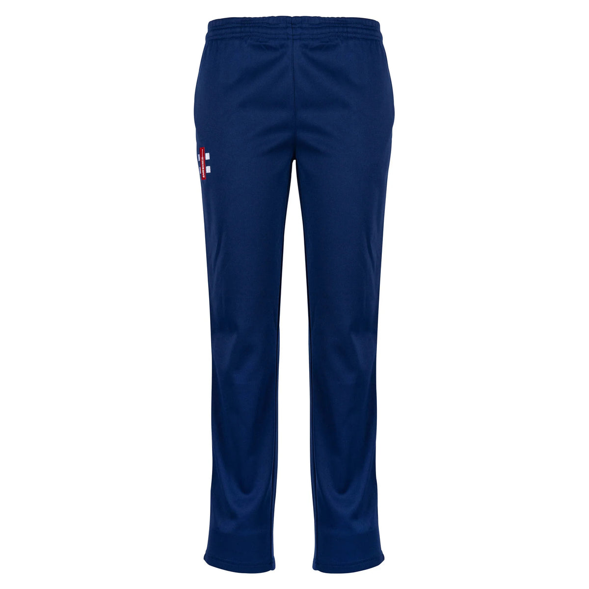 The Cinderford St Johns CC Matrix V2 T20 Trousers by Gray Nicolls are navy blue cricket trousers with an elastic waistband and a small red and white logo on the upper left thigh, shown against a white background.